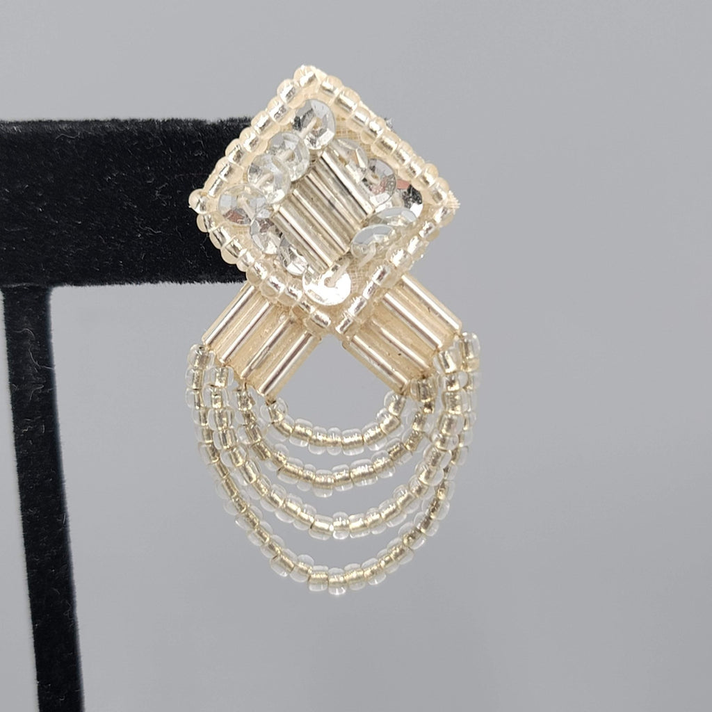 Vintage White Leather Pierced Earrings Silver tone Seed Beads Statement 1.5 in