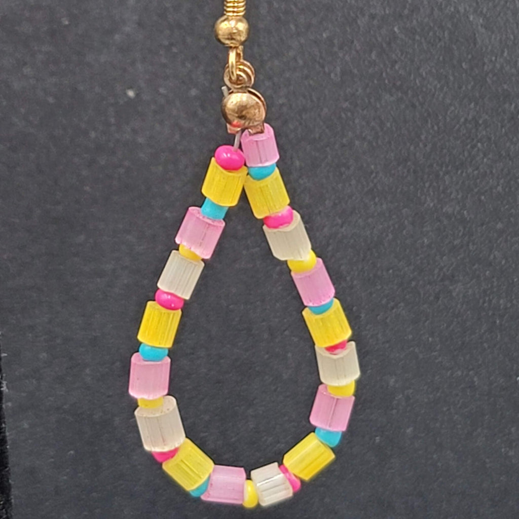 Pierced Earrings Blue Yellow Pink Beaded Teardrop Hoops 1.75"