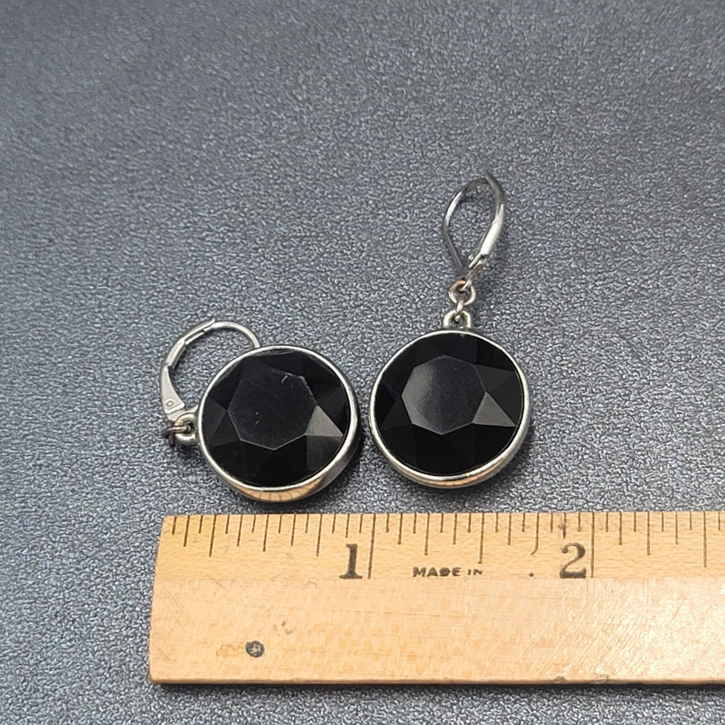 Pierced Earrings Silver tone Acrylic Black Faceted Dangle 1"