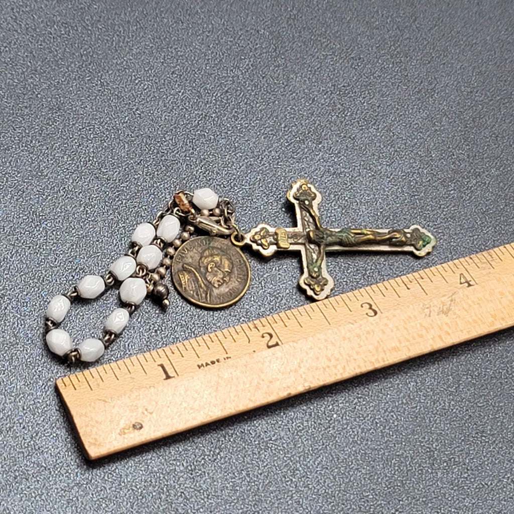 Vintage Pont Max Pius XII Crucifix Rosary Bracelet Car Hanger White Bead