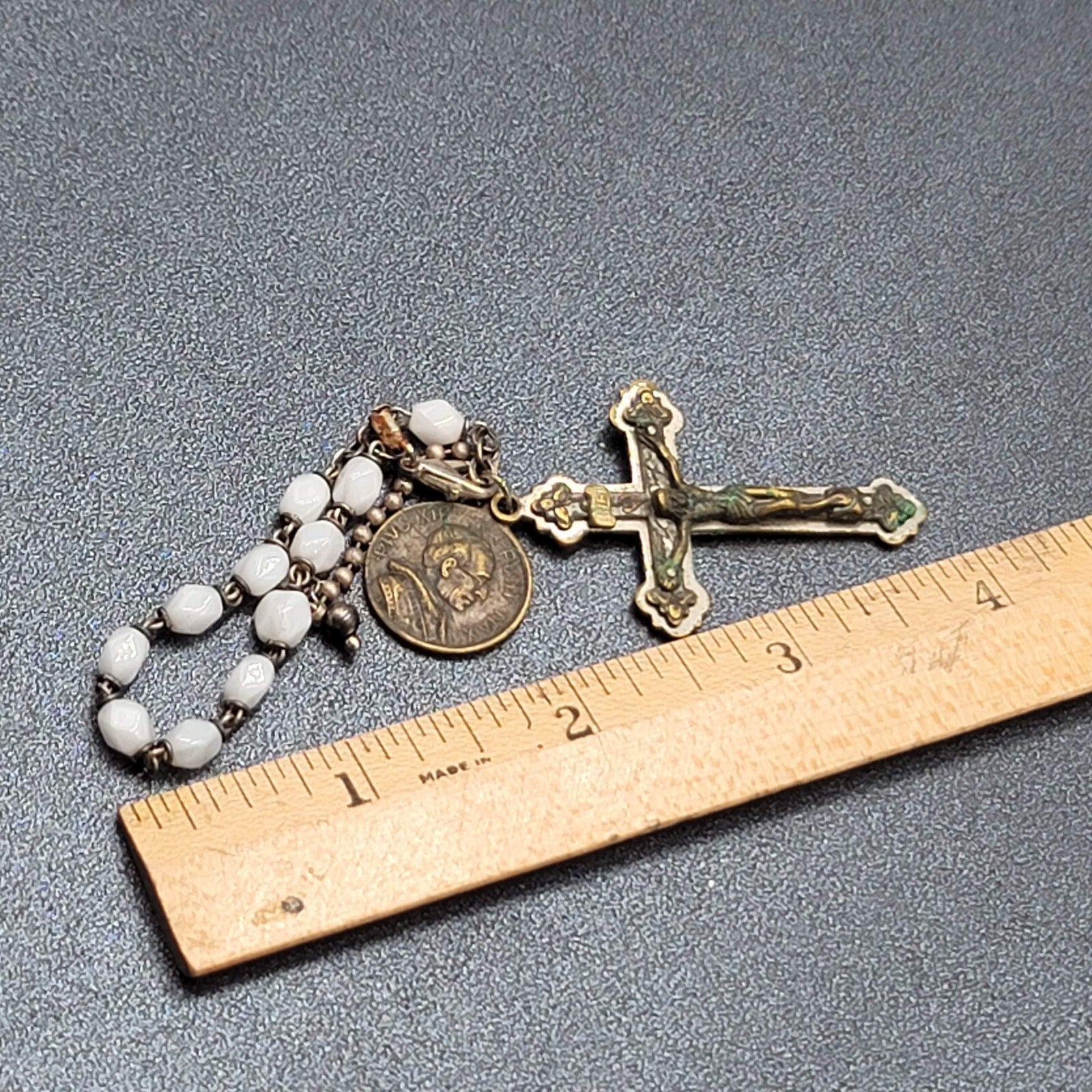 Vintage Pont Max Pius XII Crucifix Rosary Bracelet Car Hanger White Bead