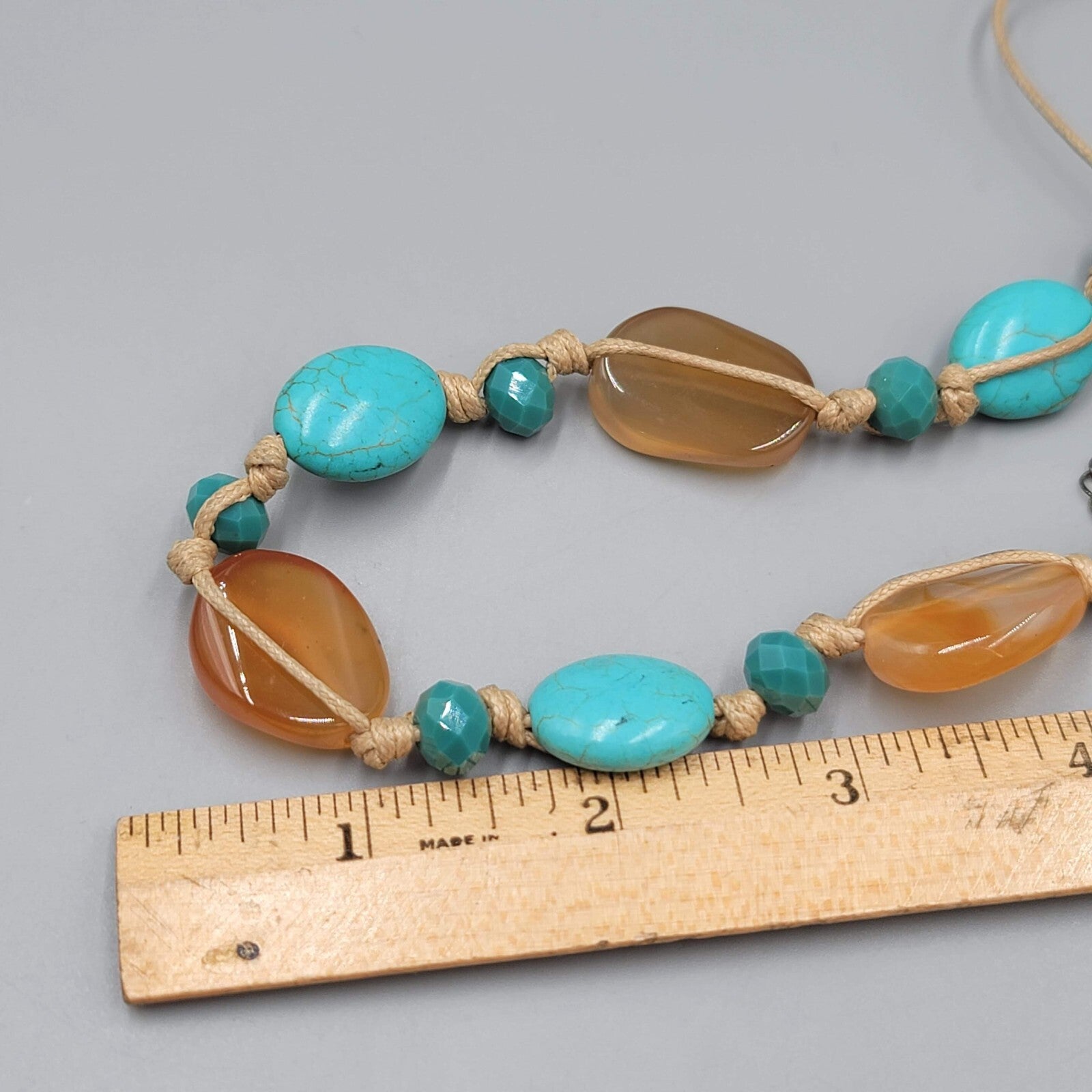 Cord Necklace Blue and Orange Semi-Precious Polished Gemstones 24"+