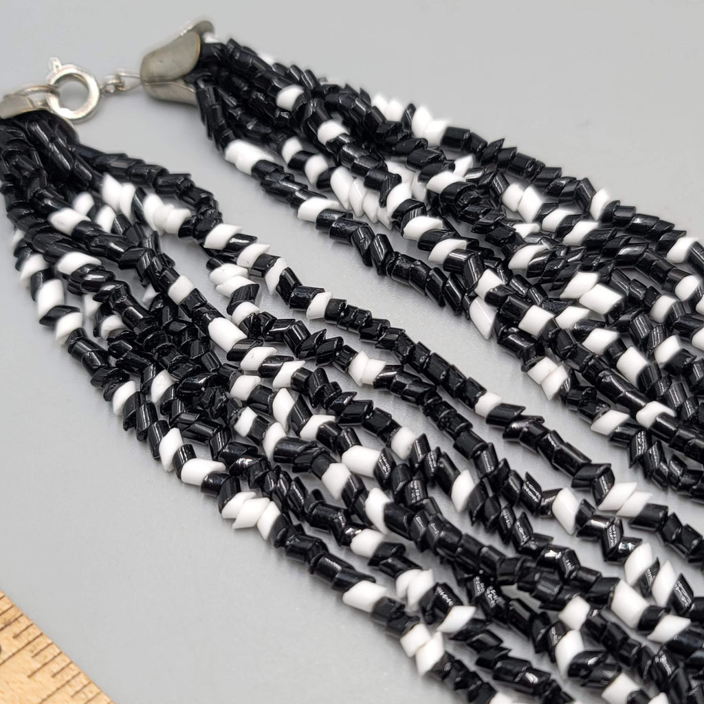 Vintage Black White Glass Bead Necklace Multi Strand 18"