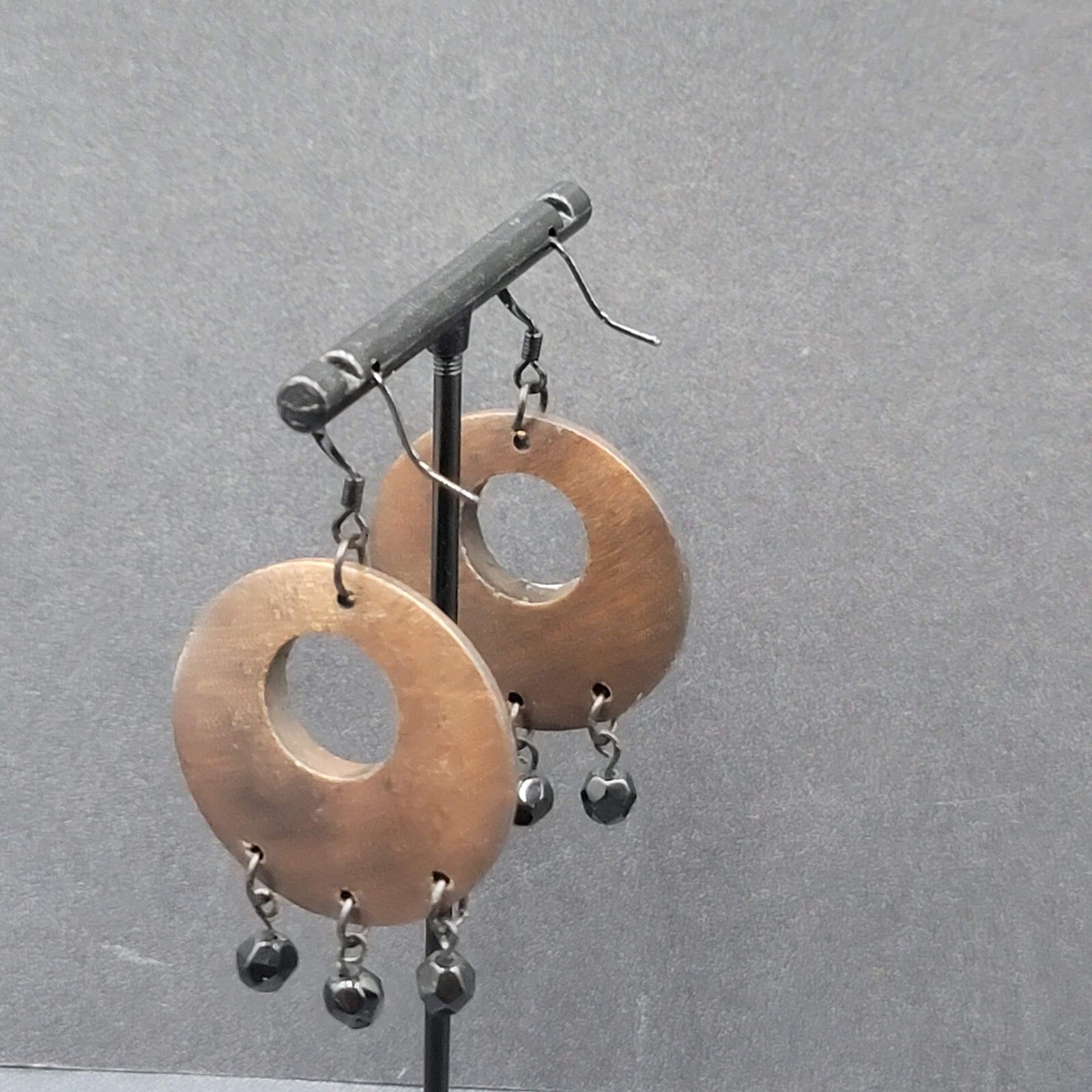 Pierced Earrings Black Metal Round Wood Black Beads Dangle 1.75"
