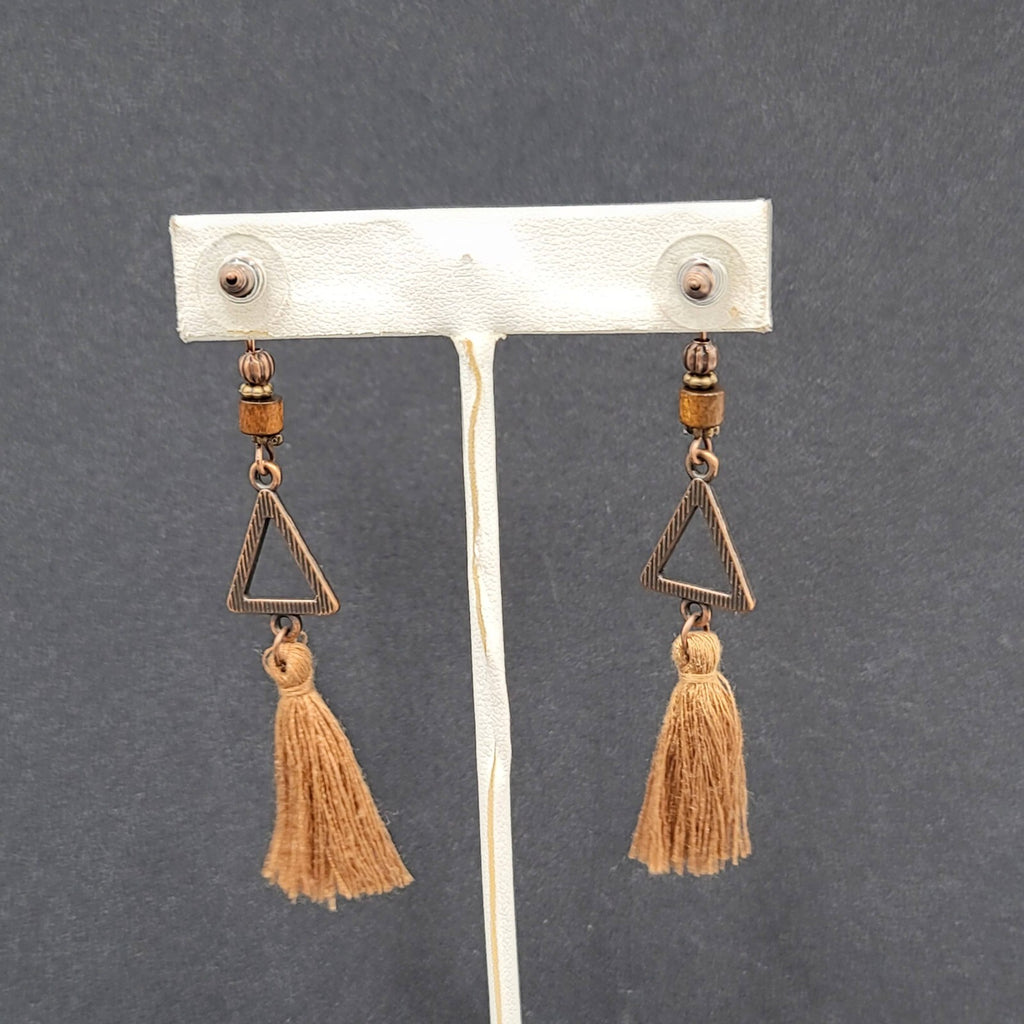 Tassel Pierced Earrings Bronze tone Wood Triangle Dangle 2.75"