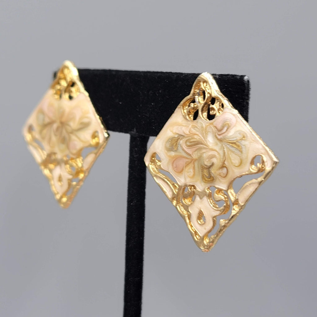 Vintage Swirl Cream Enamel Clip on Earrings Square Drop 1 3/8"
