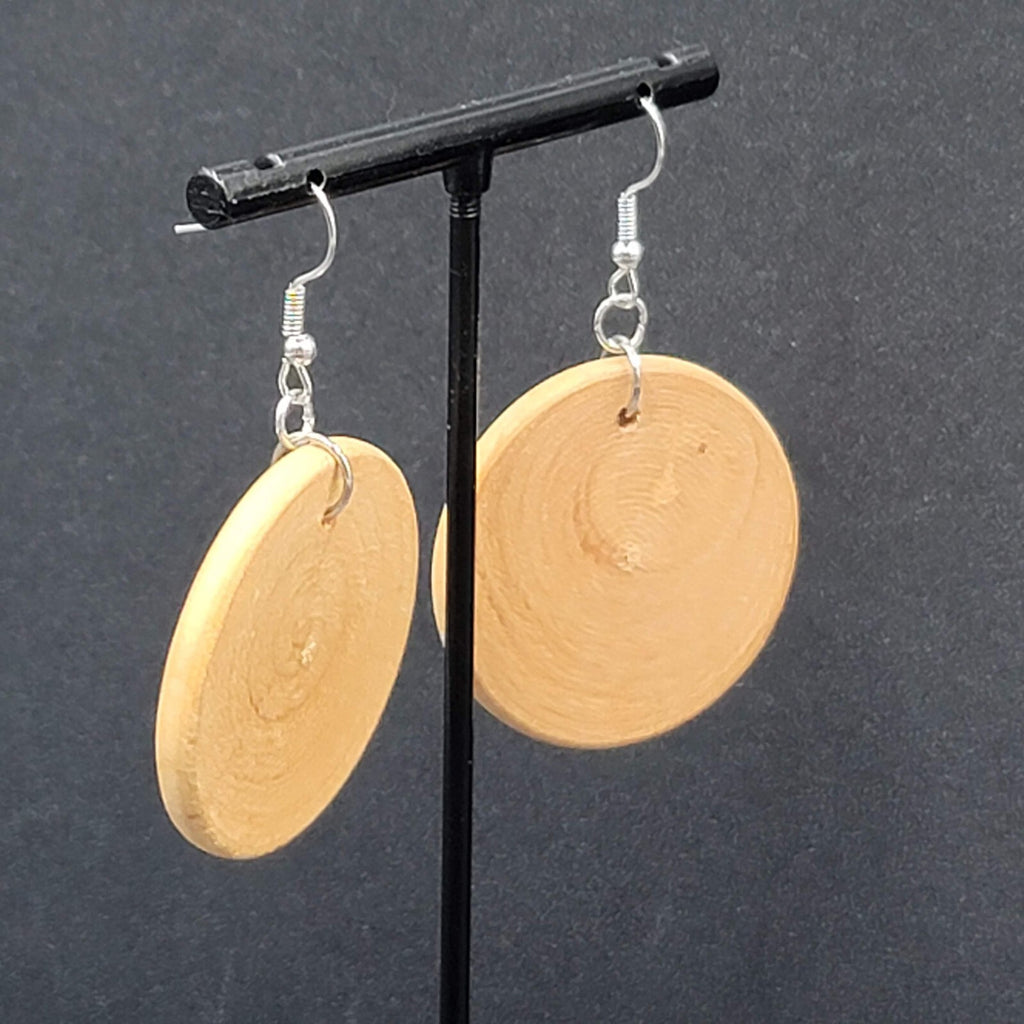 Pierced Earrings Silver tone Real Wood Discs Dangle Boho 1.5"