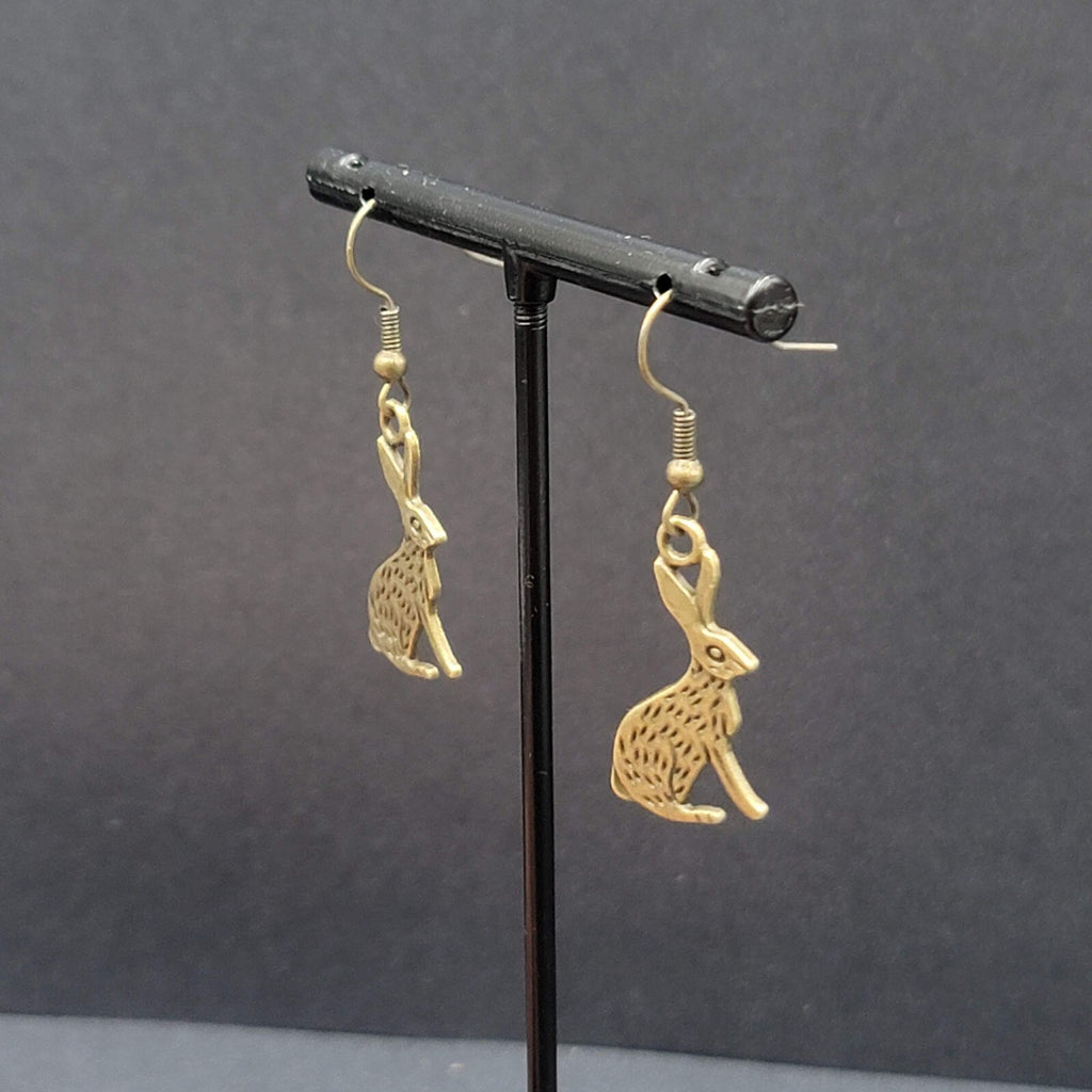 New BUNNY RABBIT Pierced Earrings Bronze tone Dangle Embossed 1"
