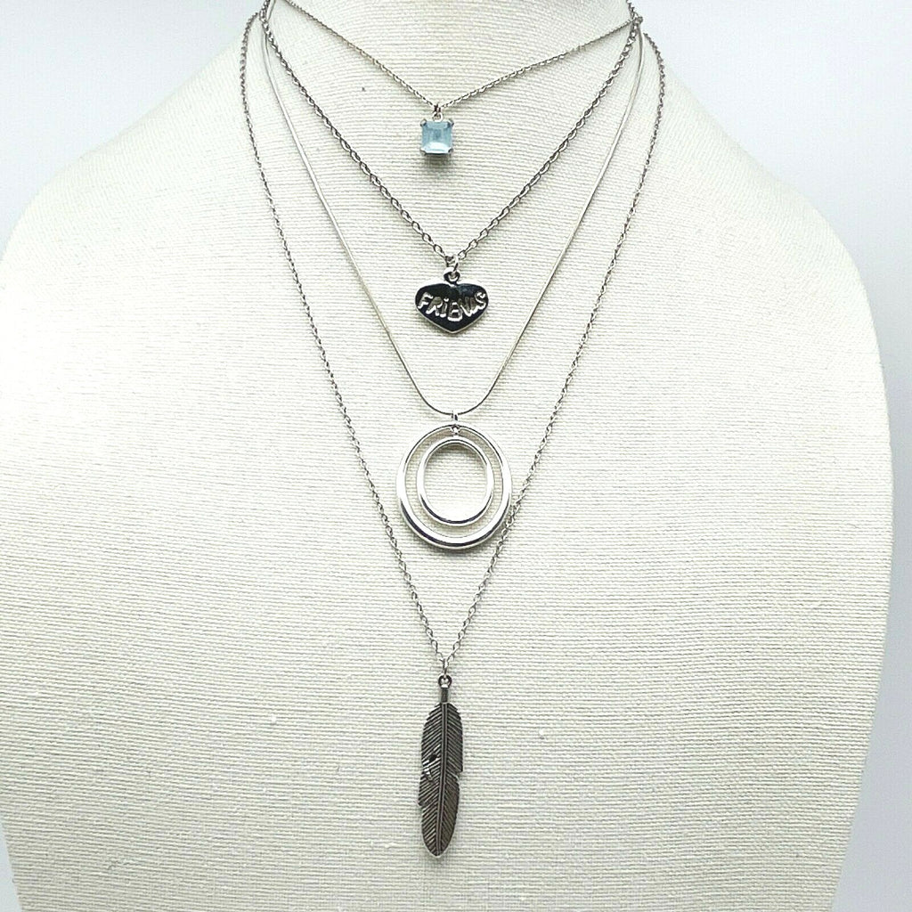 Lot of 4 Silver tone Chain Pendant Necklaces Feather Friends Blue Stone Circles