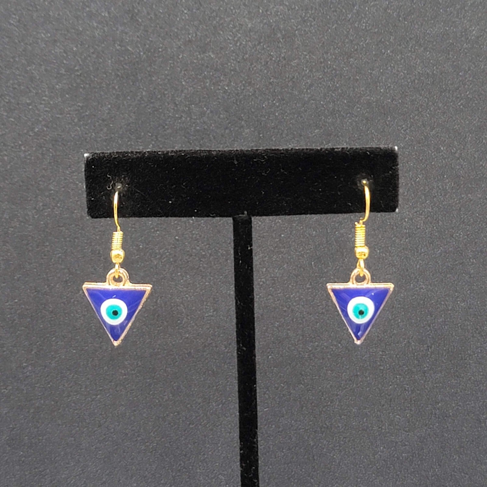Pierced Earrings Gold tone Enamel Evil Eye Triangle Dangle 5/8"