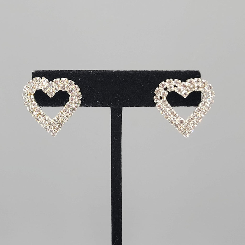 Rhinestone Open Heart Pierced Earrings Silver tone Drop 1 in
