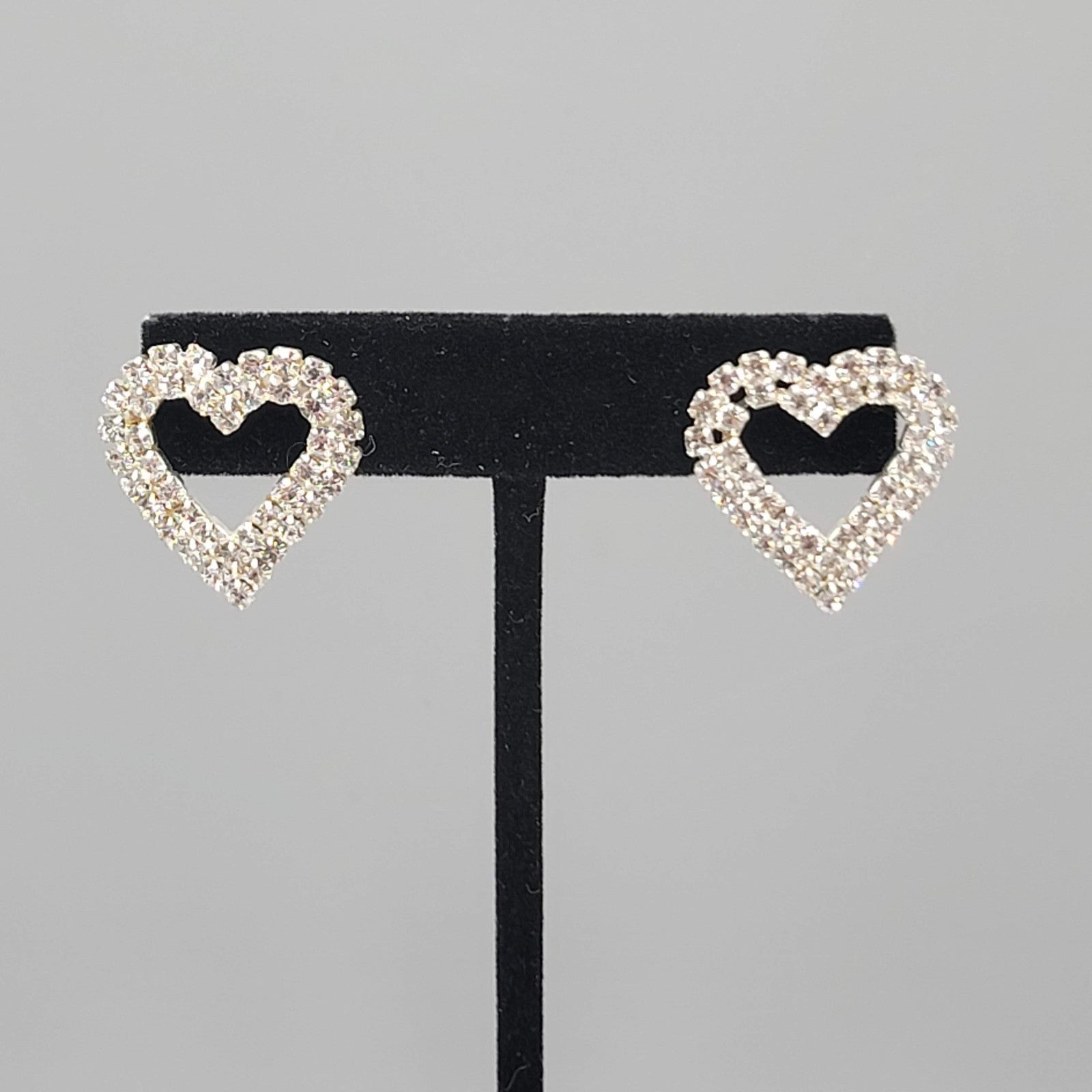 Rhinestone Open Heart Pierced Earrings Silver tone Drop 1 in