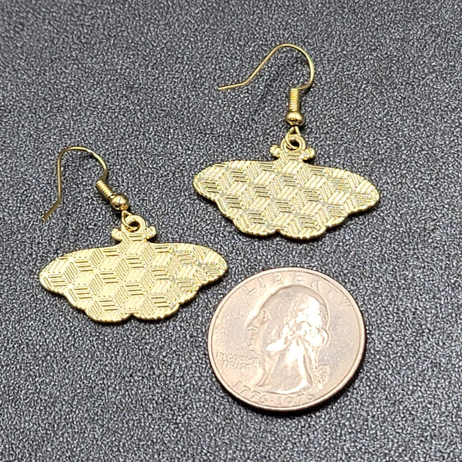 Pierced Earrings Gold tone Enamel Red Rose Moth Dangle 3/4"