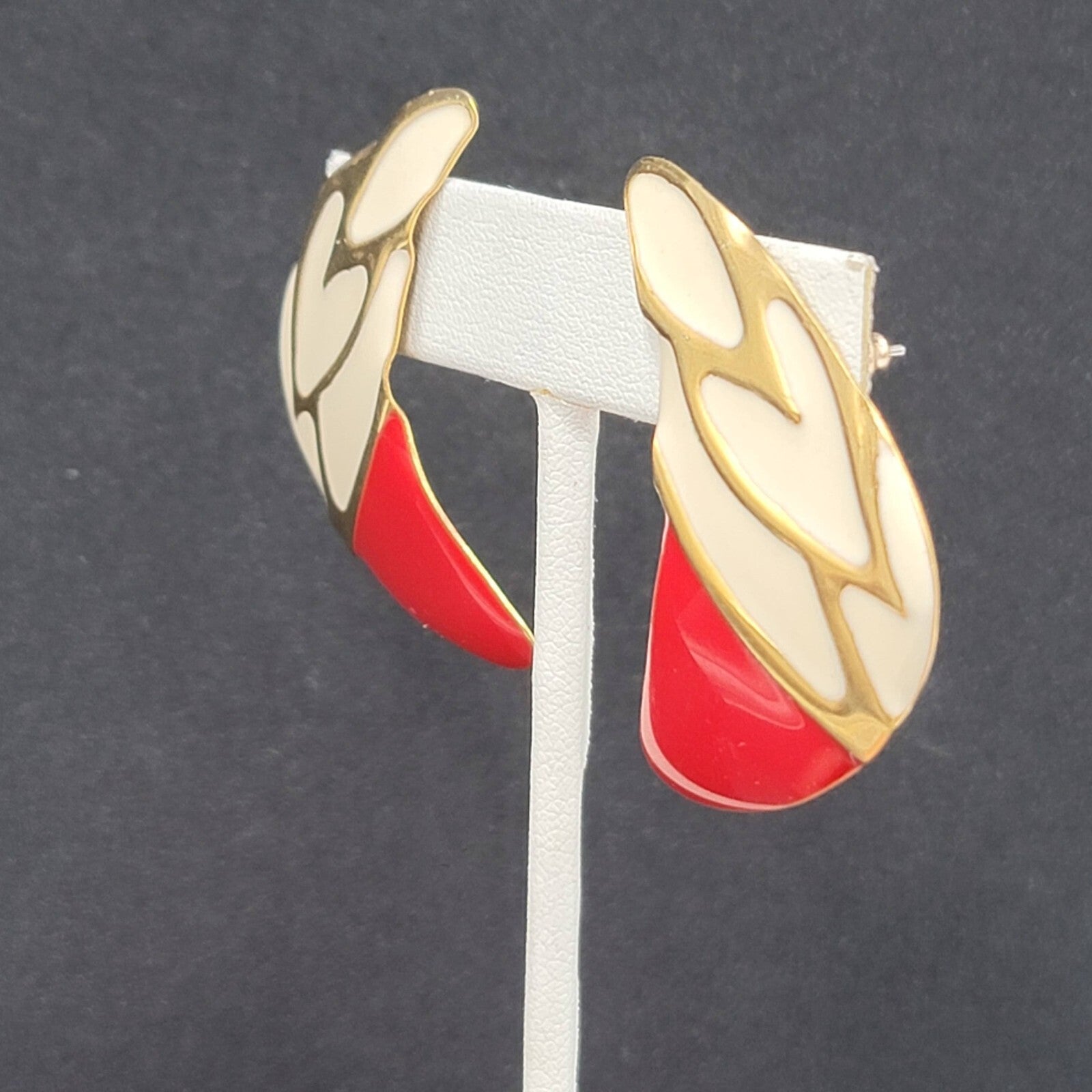Vintage Pierced Earrings Large Red White Enamel Statement Gold tone 1.75"