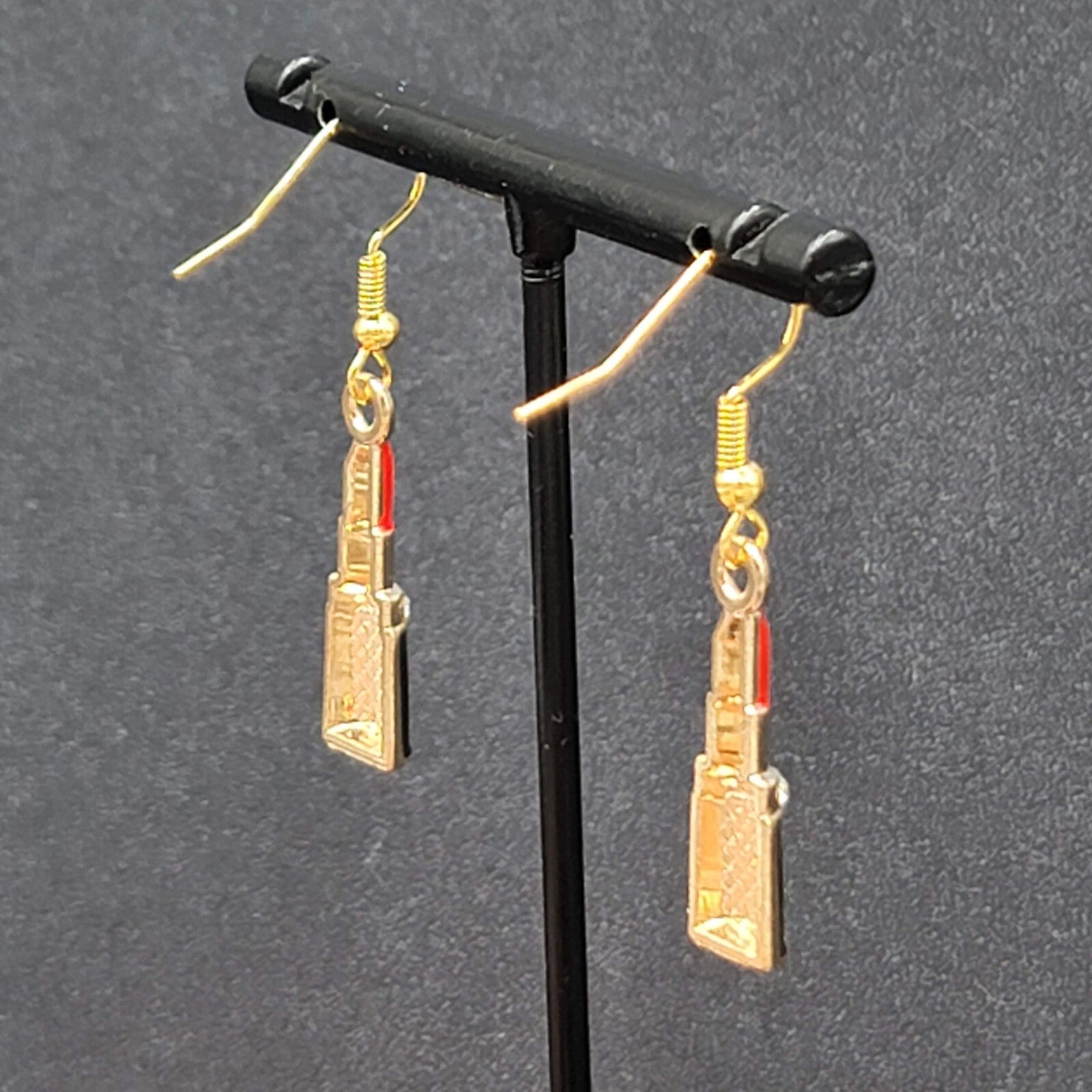Lipstick Pierced Earrings 3D Gold tone Red Black Enamel Crystal Dangle 1"