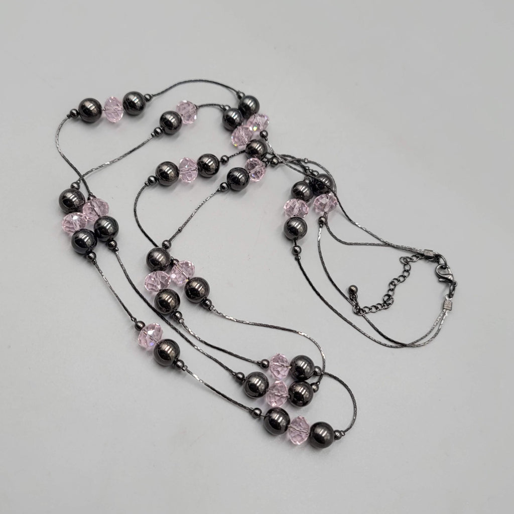 Double Black Chain Necklace Pink Glass Station Bead Long 28-30 in