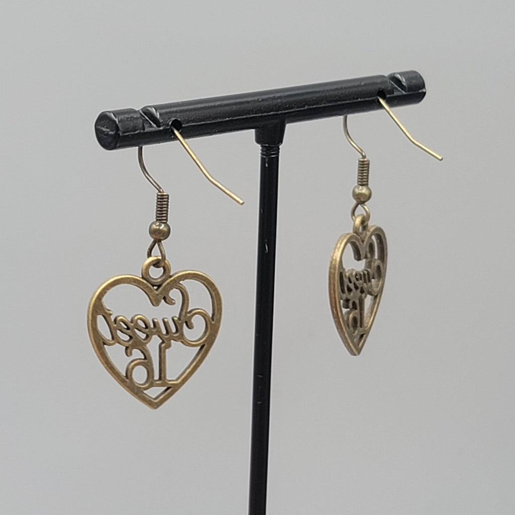 Sweet 16 Heart Pierced Earrings New Bronze tone Dangle 7/8"
