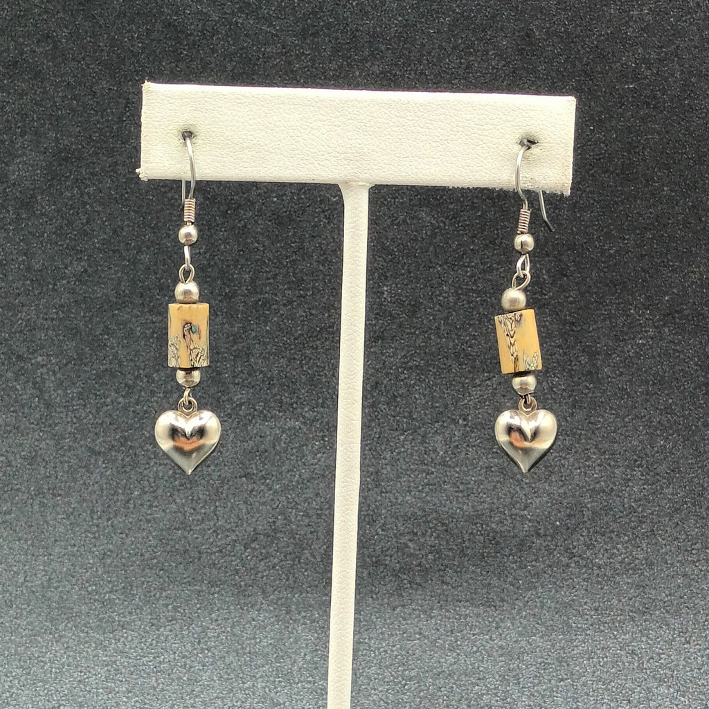 Pierced Earrings Silver tone Heart Acrylic Beaded Dangle 1 1/4"