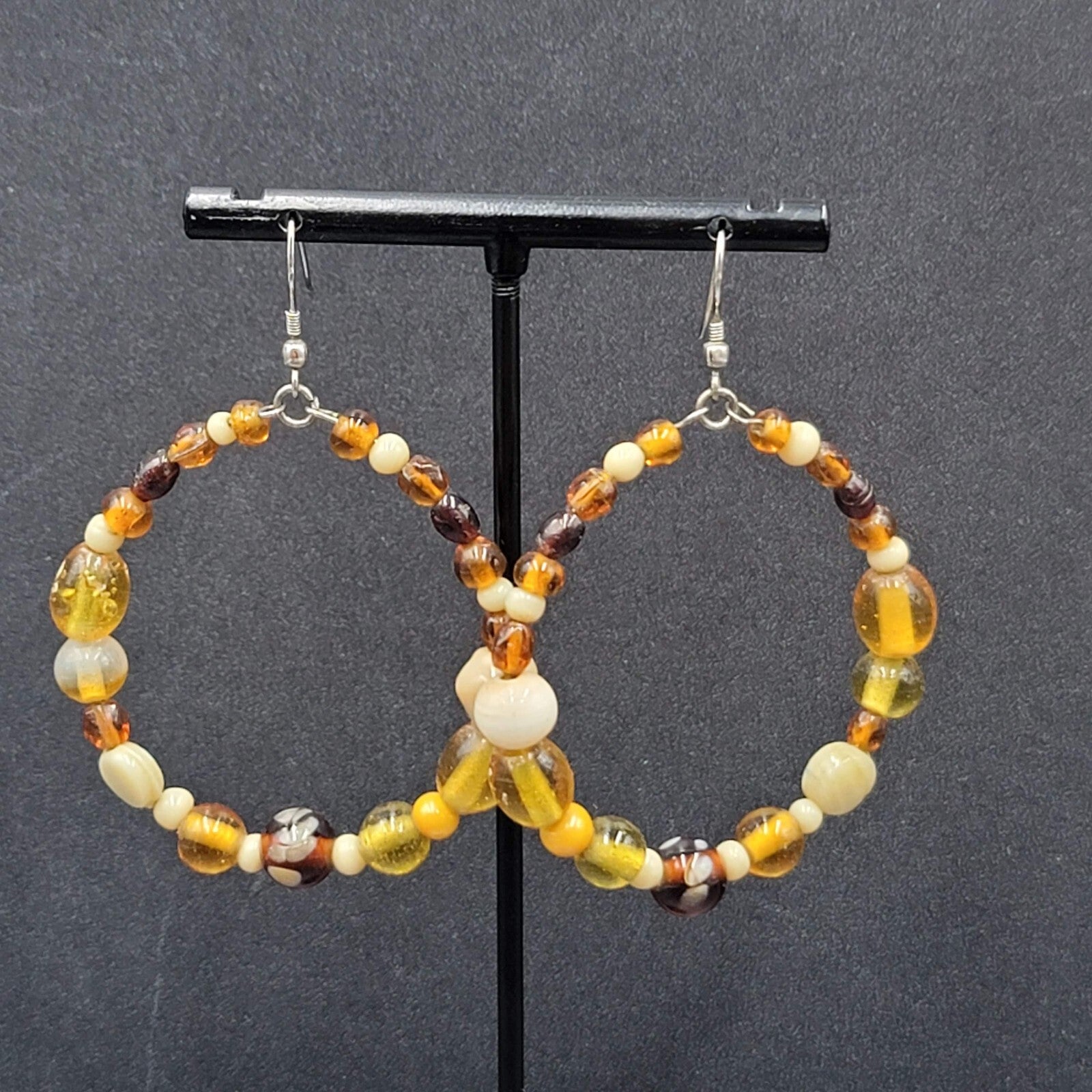 Pierced Earrings Silver tone Brown Glass Bead Hoops 2"