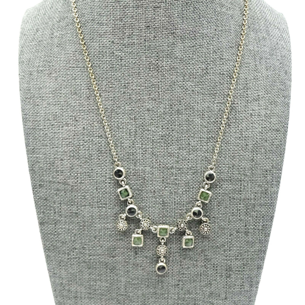 Necklace Silver tone Green Black Acrylic Dangle Signed Well Made 16" - 18”