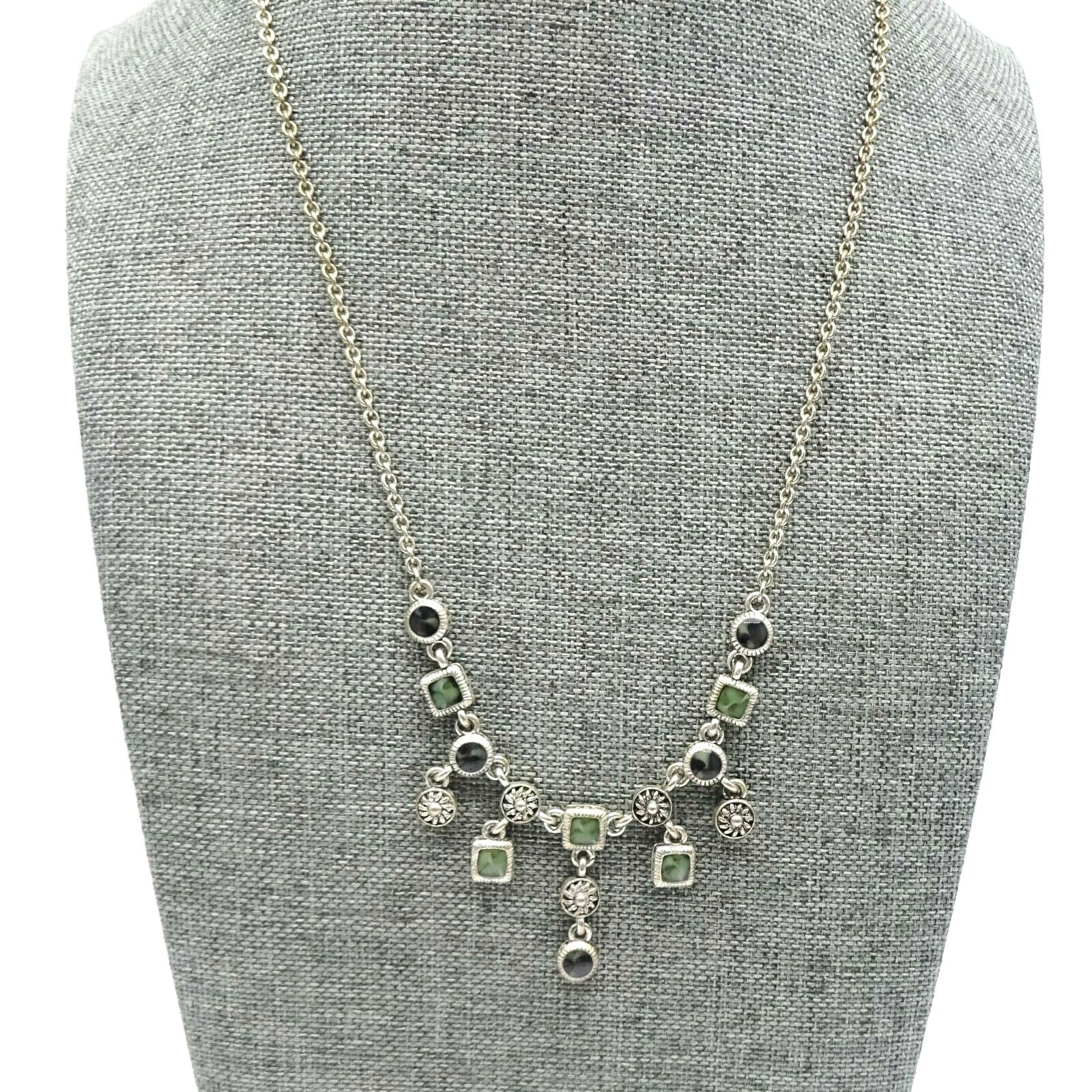 Necklace Silver tone Green Black Acrylic Dangle Signed Well Made 16" - 18”