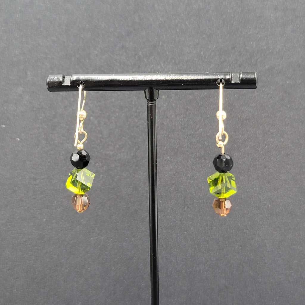 Pierced Earrings Gold tone Black Green Brown Crystal Bead Dangle 1"