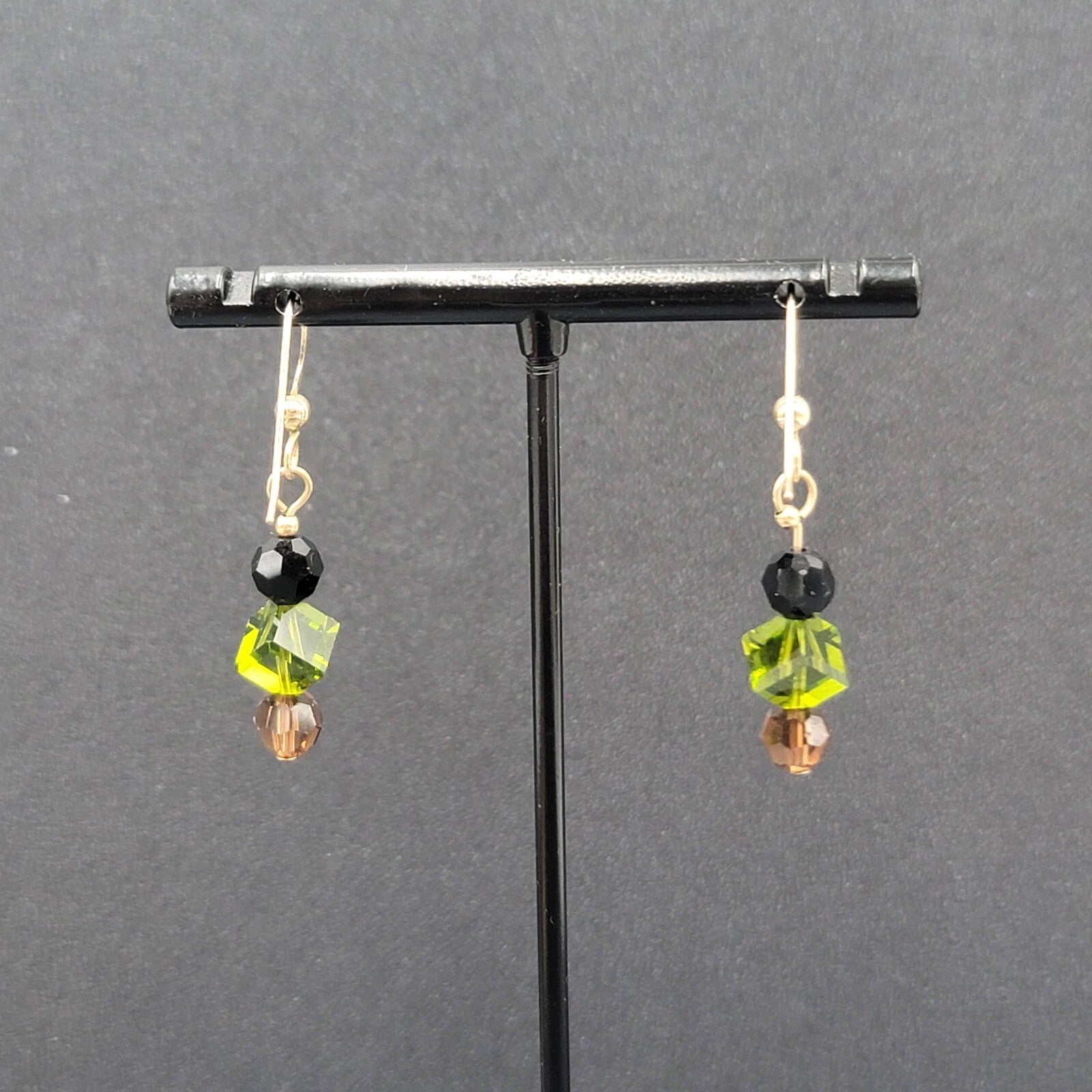 Pierced Earrings Gold tone Black Green Brown Crystal Bead Dangle 1"