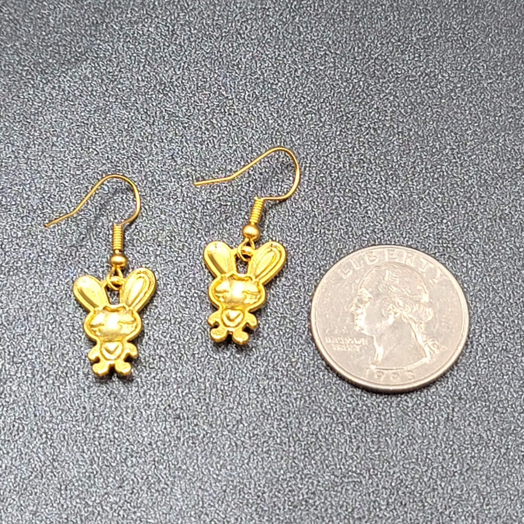 Bunny Pierced Earrings Heart Shirt Dangle Gold tone 3/4"