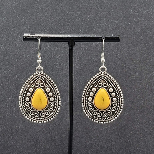 Boho Pierced Earrings Silver tone Yellow Black Center Dangle 1.5"