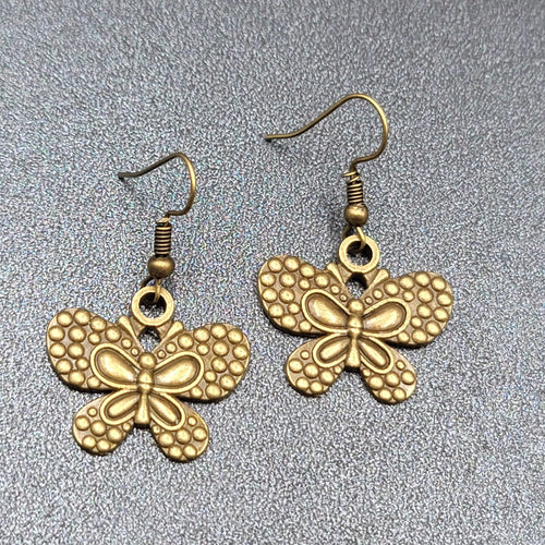 Butterfly Pierced Earrings Dangle Bronze tone Embossed 7/8"