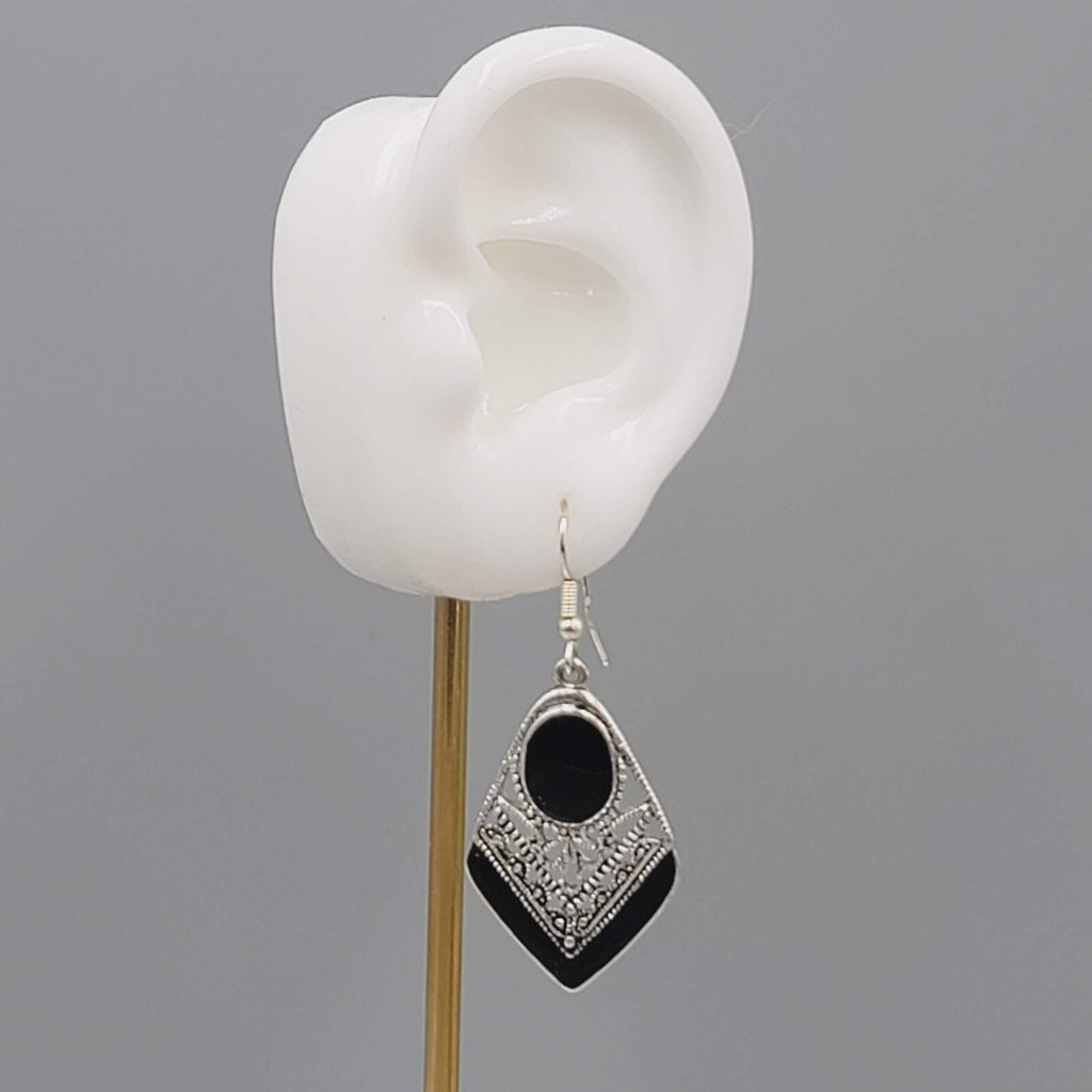 Pierced Earrings Silver tone Dangle Black Enamel Filigree 1.5"