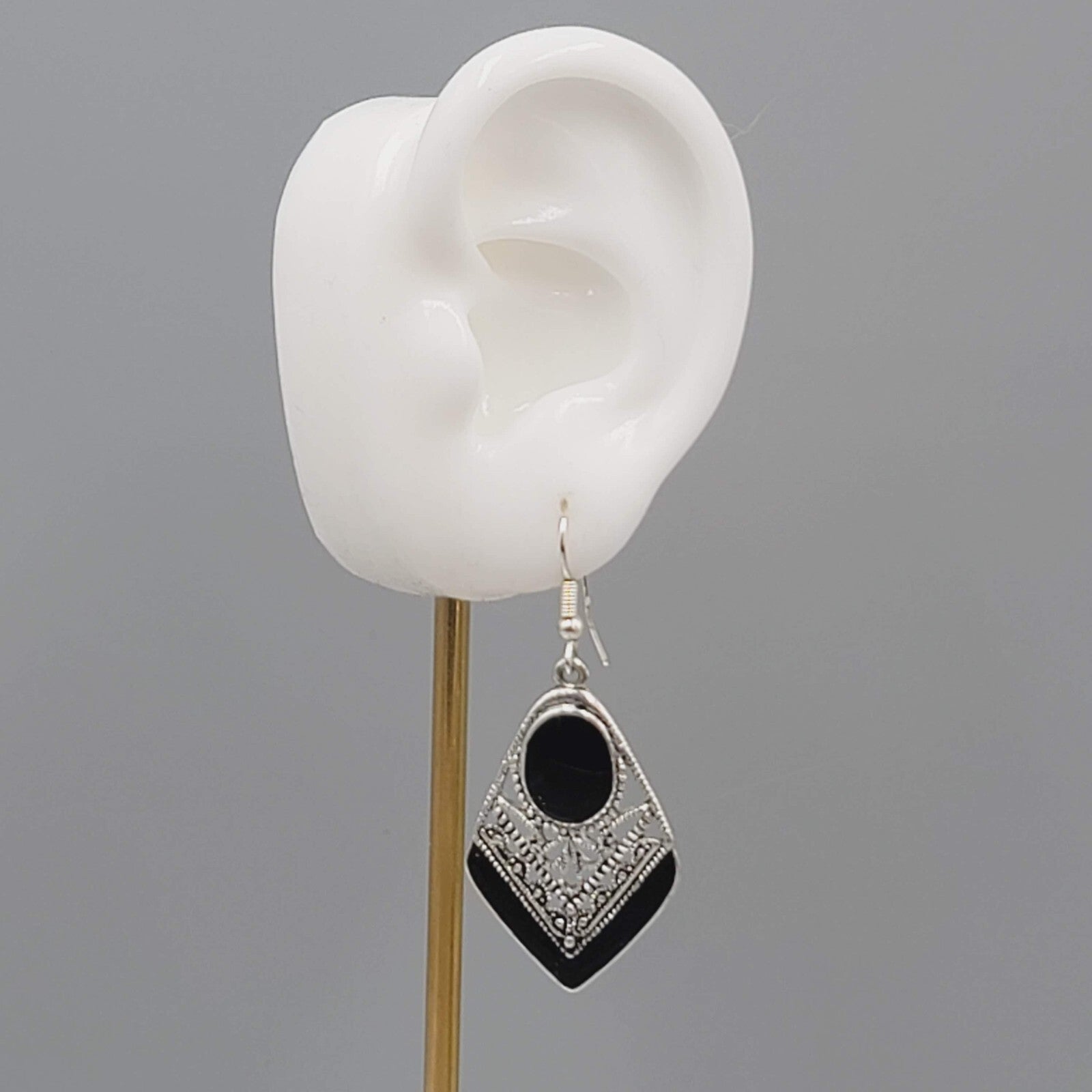 Pierced Earrings Silver tone Dangle Black Enamel Filigree 1.5"