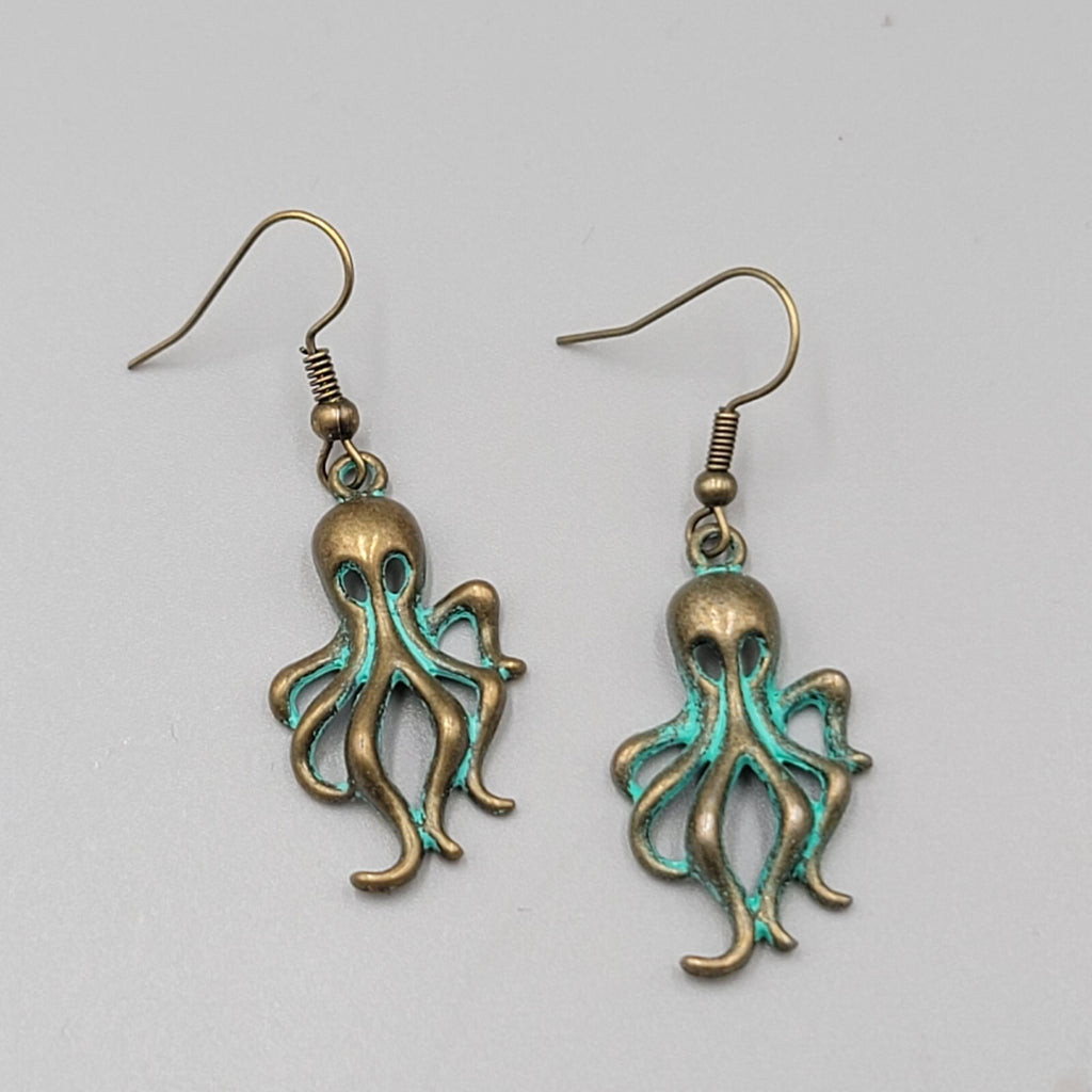 Octopus Beach Sea life Pierced Earrings Bronze tone Green wash Dangle 1 1/8"
