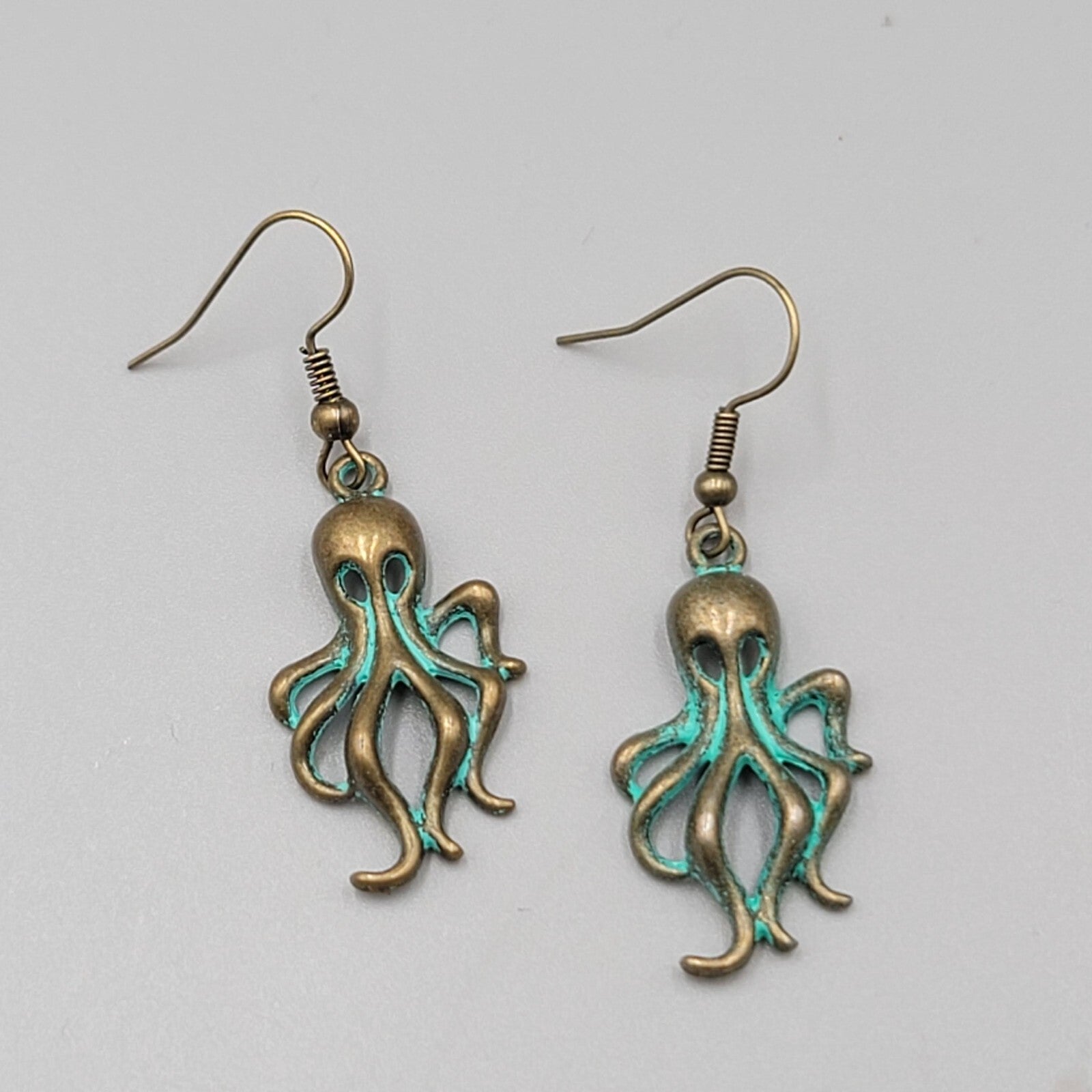 Octopus Beach Sea life Pierced Earrings Bronze tone Green wash Dangle 1 1/8"
