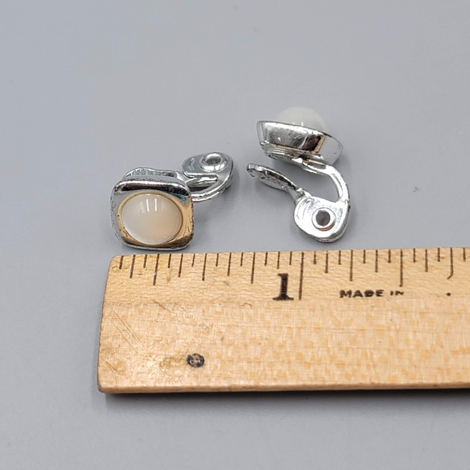 Vintage Monet Stud Clip on Earrings White Cats Eye Silver tone 3/8"