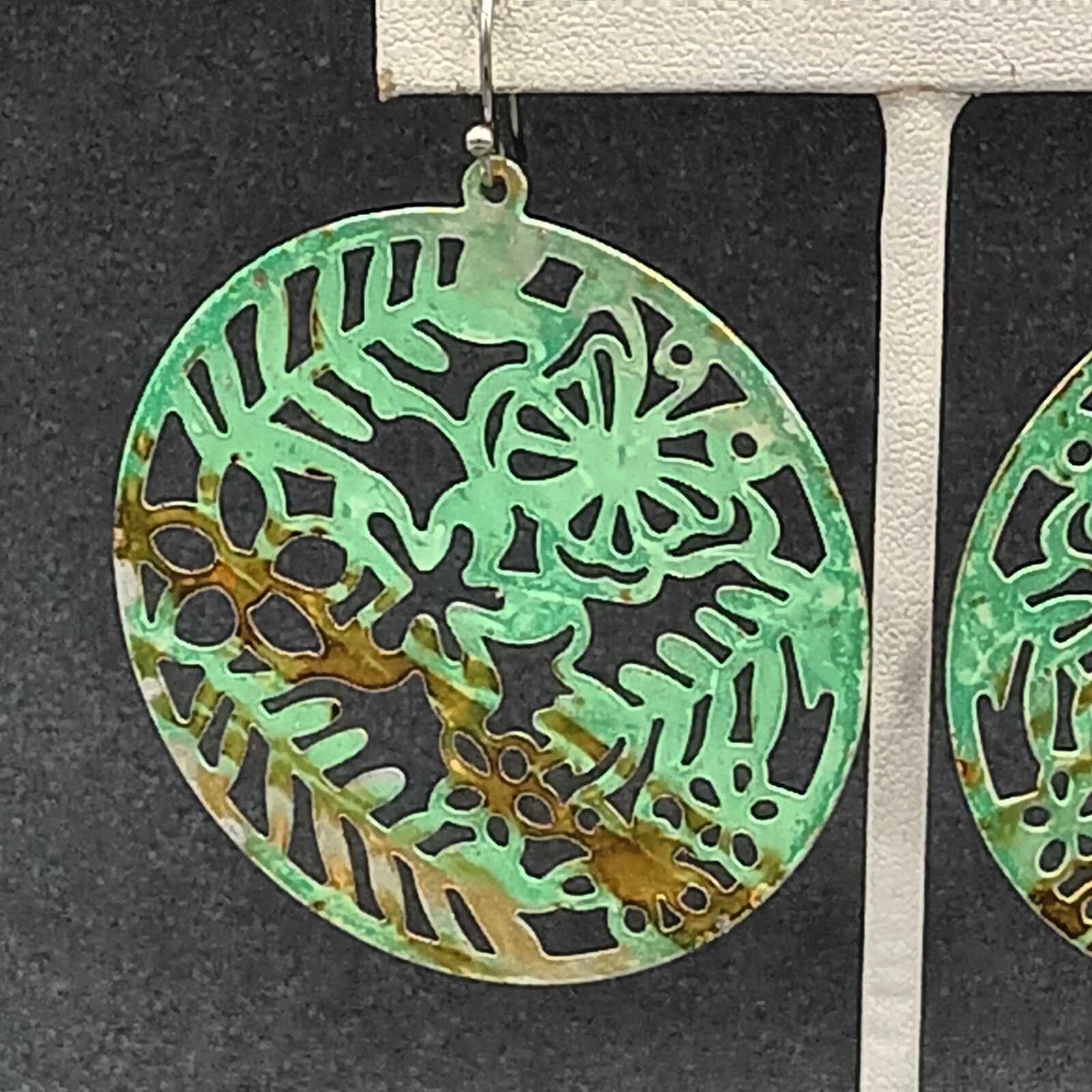 Pierced Earrings Metal Open Work Brown and Green Enamel Medallion Dangle 2"