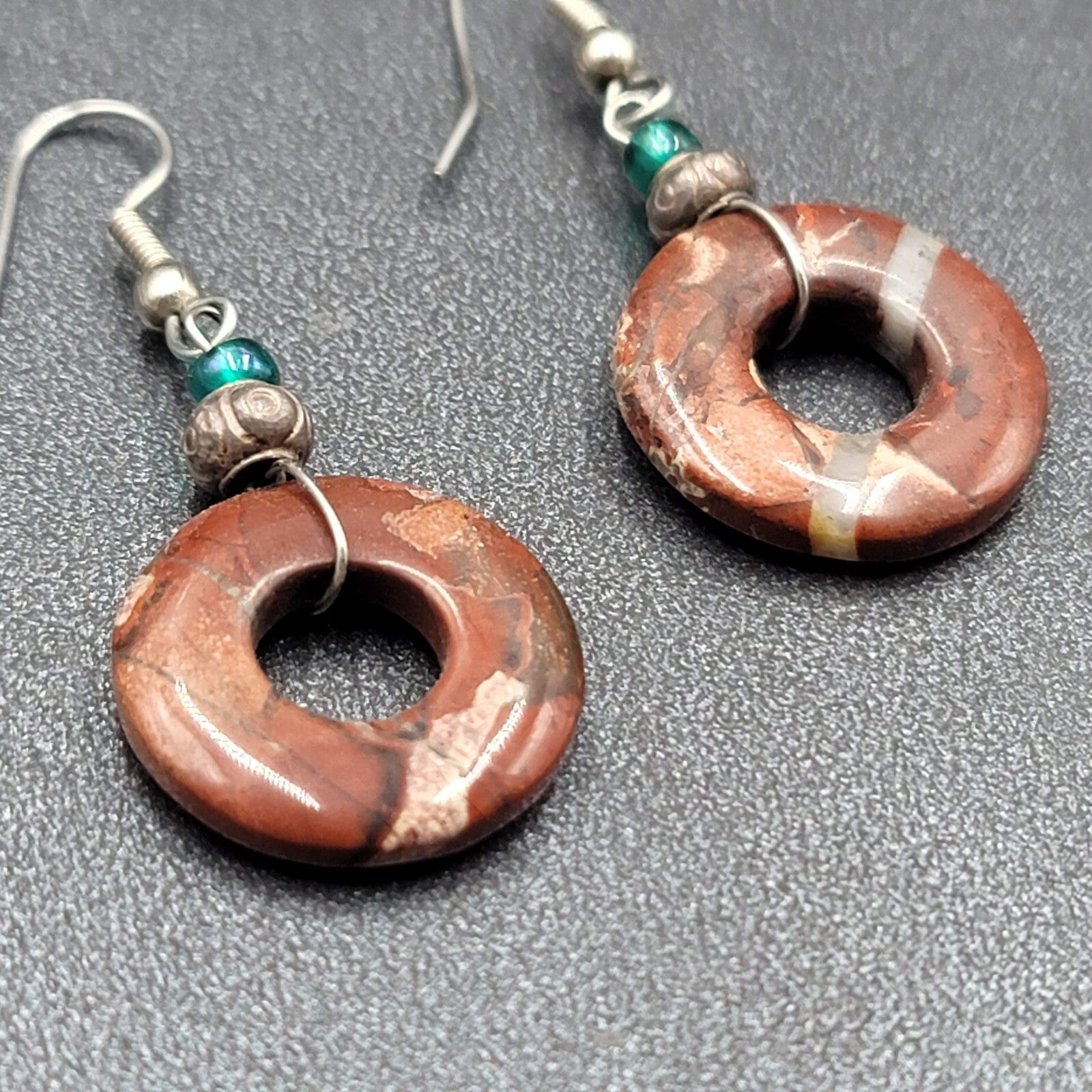 Pierced Earrings Red Agate Circle Bead Dangle Silver tone 1 1/8"