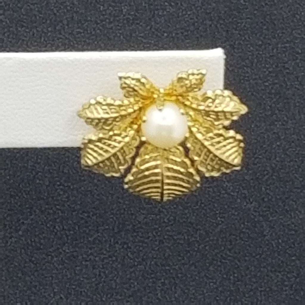 Vintage Clip On Earrings Gold tone Leaf with Faux Pearl Drop 1"