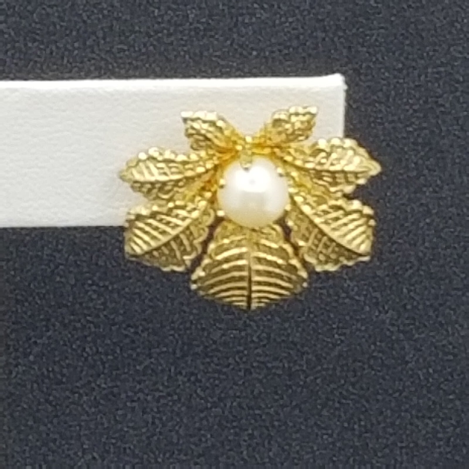 Vintage Clip On Earrings Gold tone Leaf with Faux Pearl Drop 1"