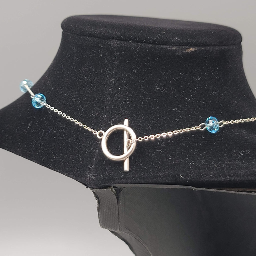 Blue Crystal Station Necklace Dainty Silver Plated 18"