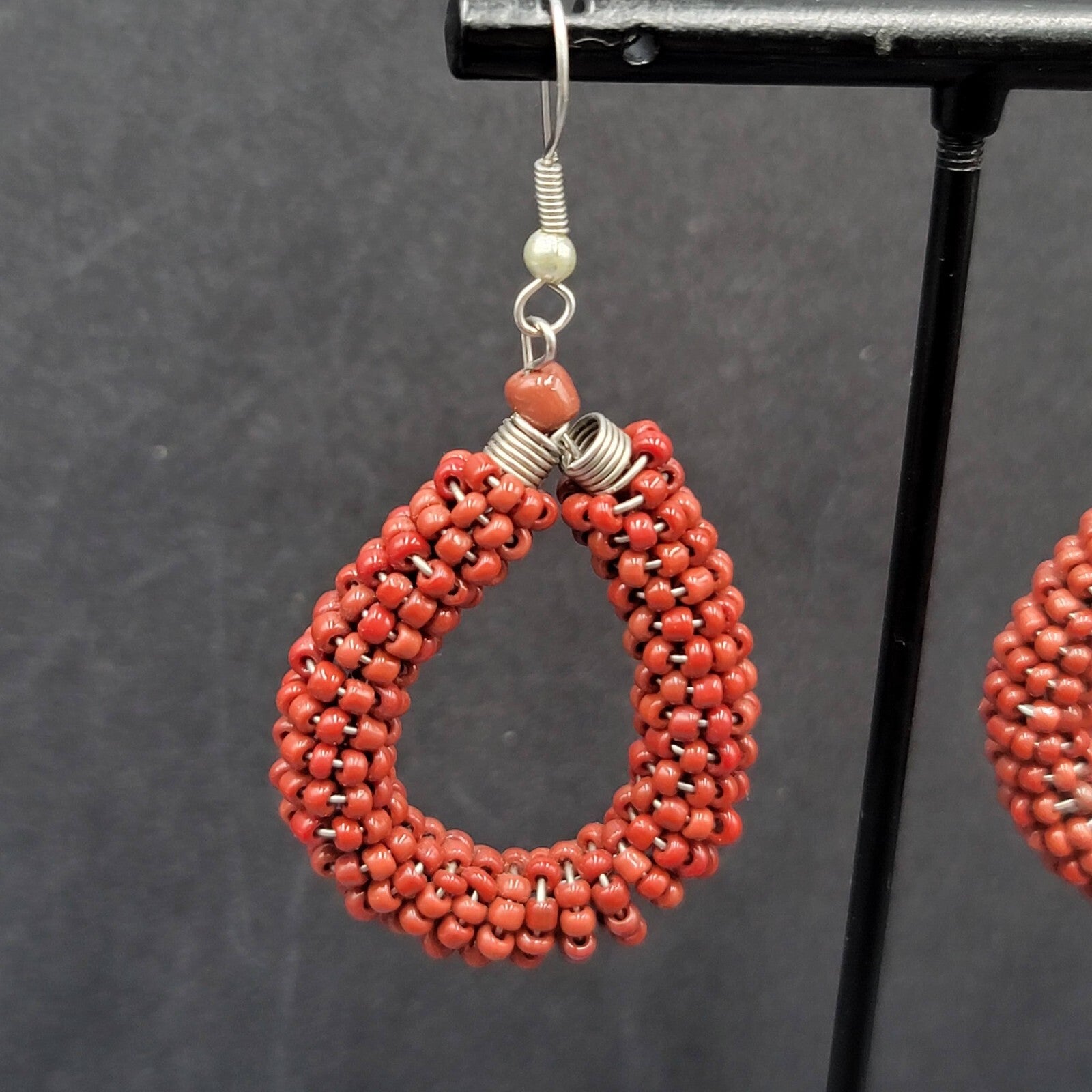 Pierced Earrings Brown Seed Bead Teardrop Hoops Dangle Silver tone 1.5"
