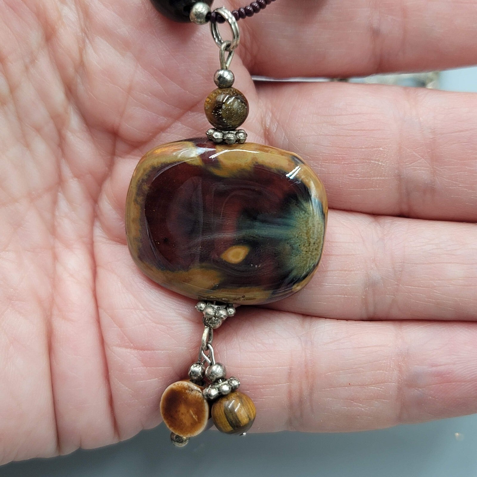 Boho Brown Pottery and Glass Bead Necklace Silver tone 20"