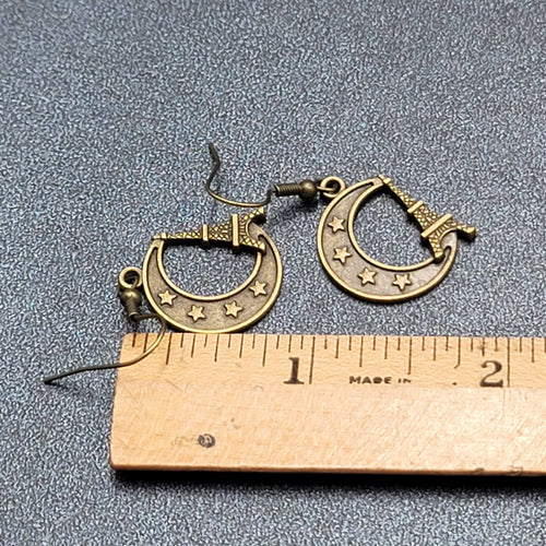 Crescent Moon Eiffel Tower Pierced Earrings Dangle Bronze tone New 7/8"
