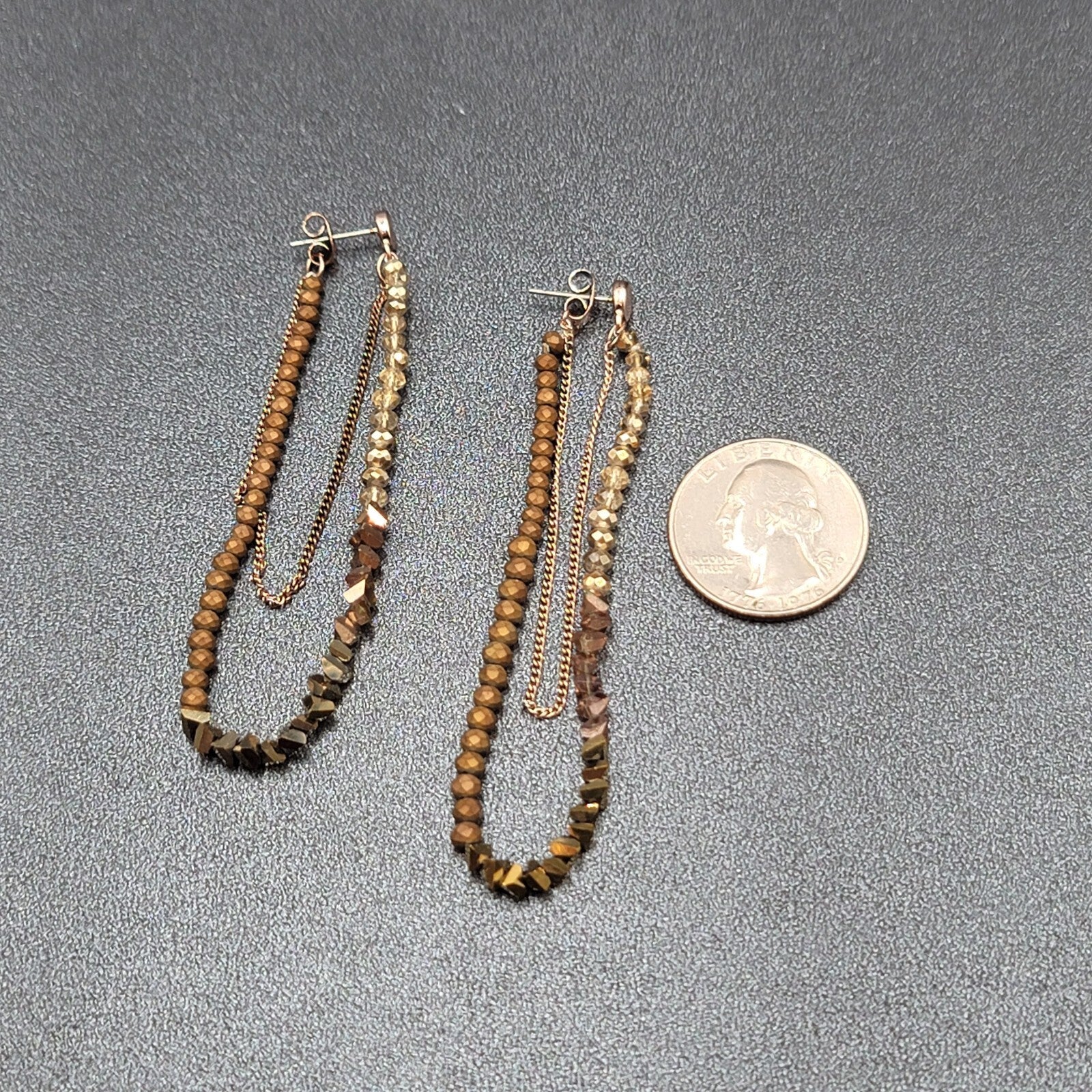 Pierced Earrings Gold tone Small Faceted Beads Dangle Loop To Back 3.25"