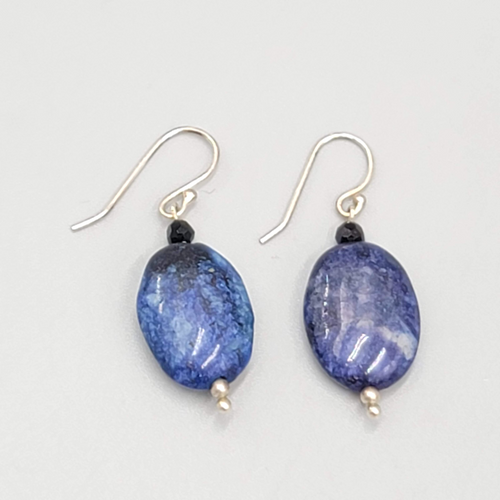 Blue Lapis Oval Stone Bead Pierced Earrings Silver tone Dangle 3/4"