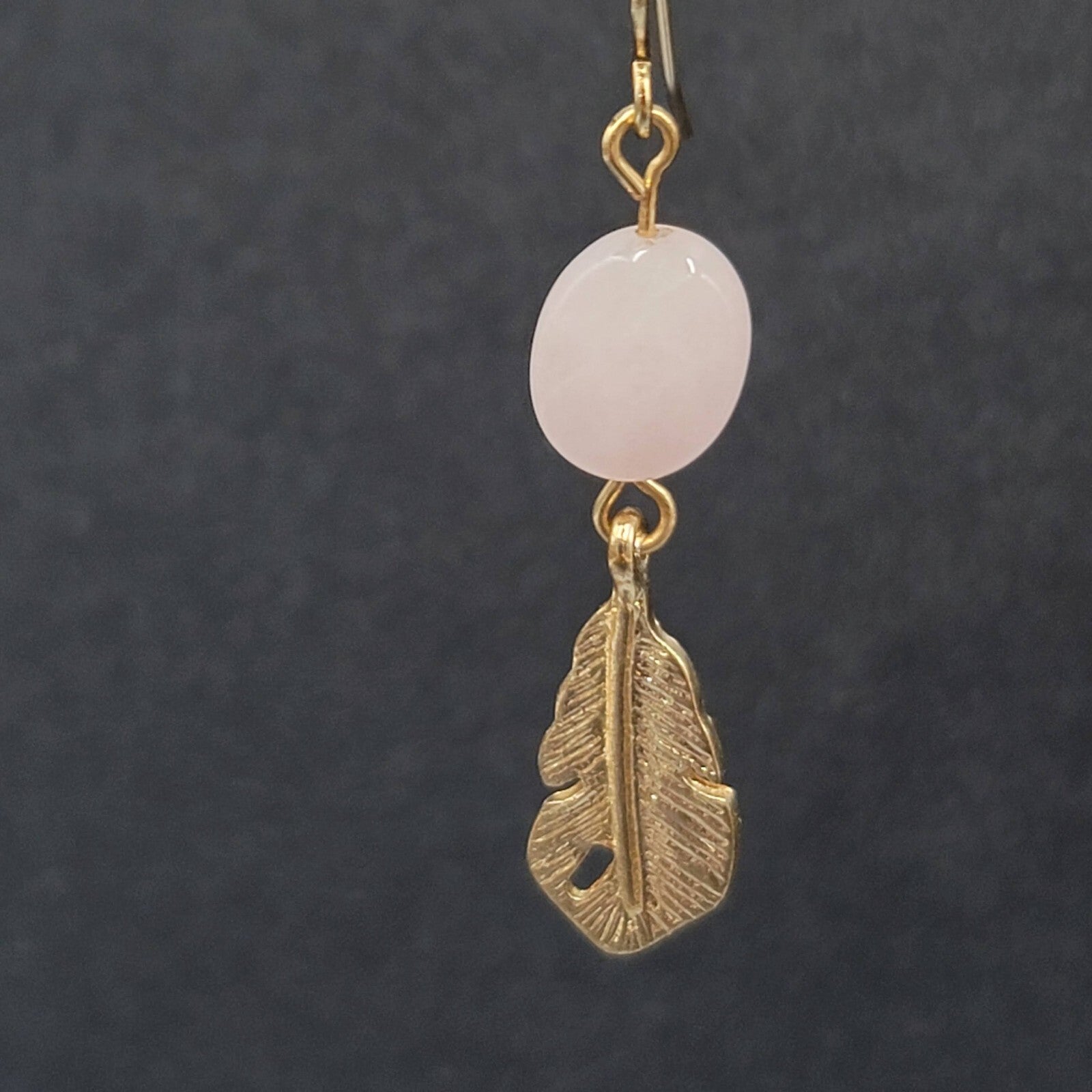Pierced Earrings Gold tone Pink Quartz Metal Feather Dangle 1 3/8"