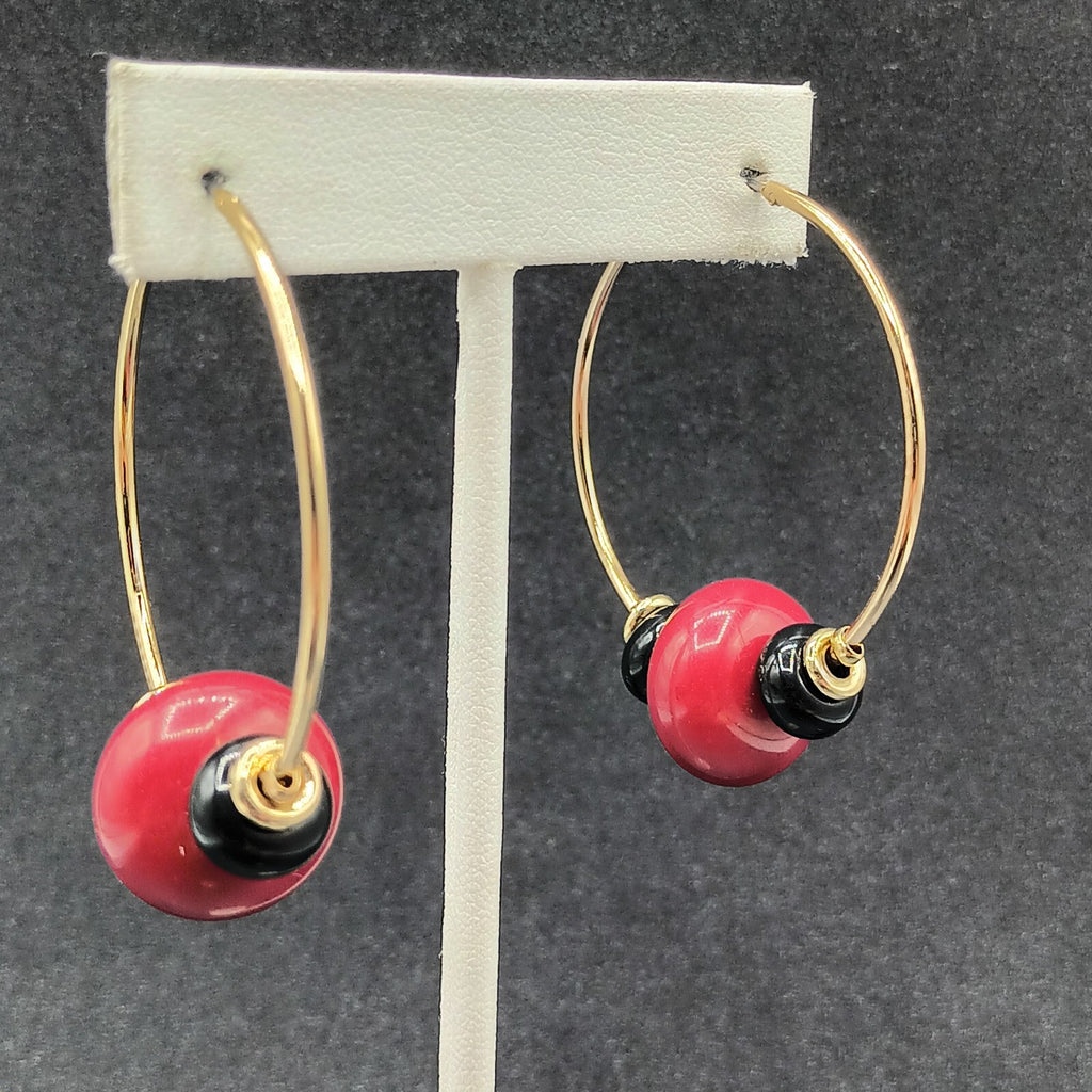 Vintage Pierced Earrings Gold tone Acrylic Beaded Snap Hoops 2"
