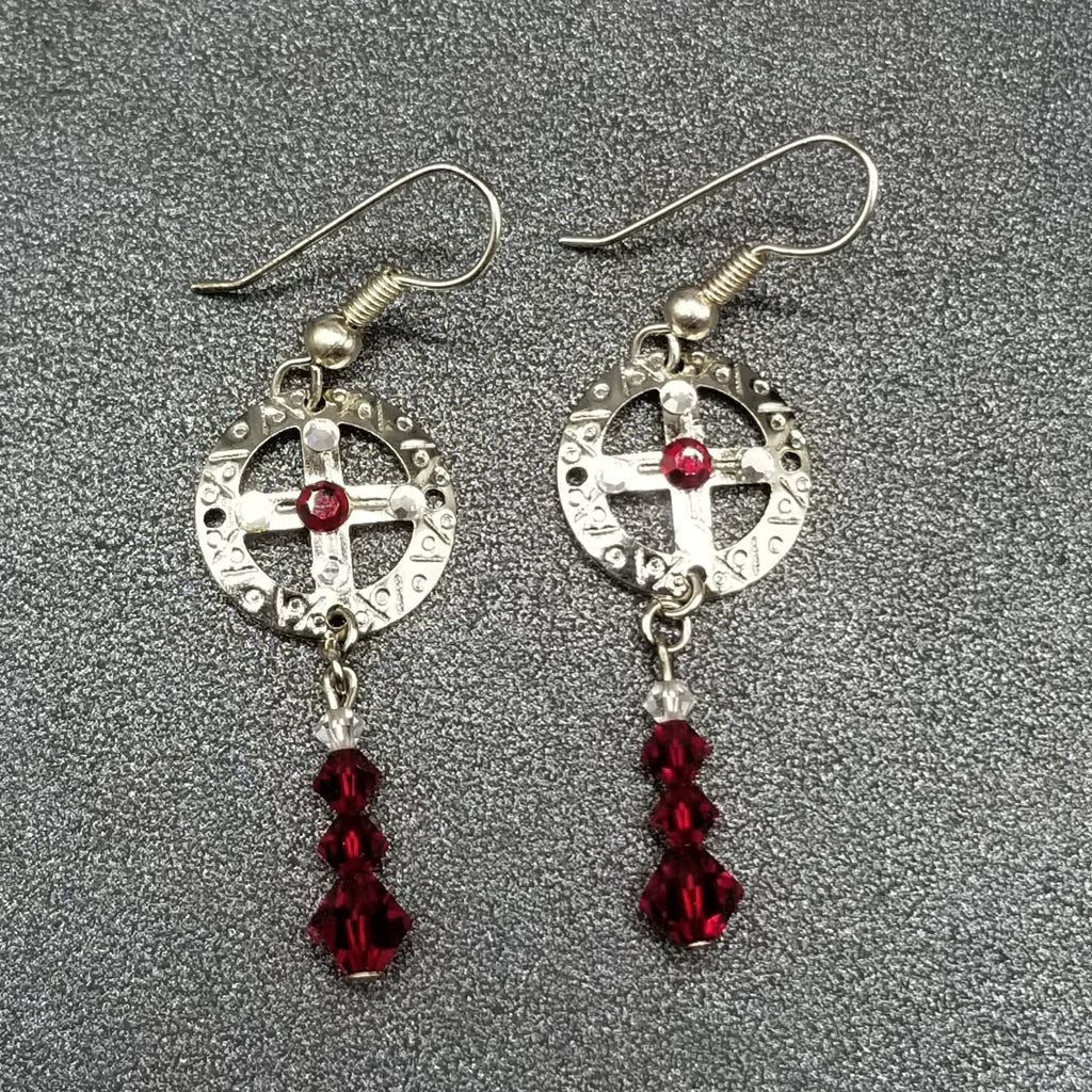 Pierced Earrings Silver tone Open Work Red Crystal Bead Statement Dangle 1 1/2"