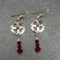 Pierced Earrings Silver tone Open Work Red Crystal Bead Statement Dangle 1 1/2"