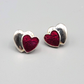 Heart Pierced Earrings Silver tone Red Enamel Studs Hearts 5/8"